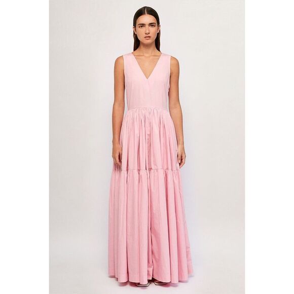 S/W/F V Neck Tiered Maxi Dress In Pink Wedding Guest  Vacation Beach size S NWT - Picture 2 of 6